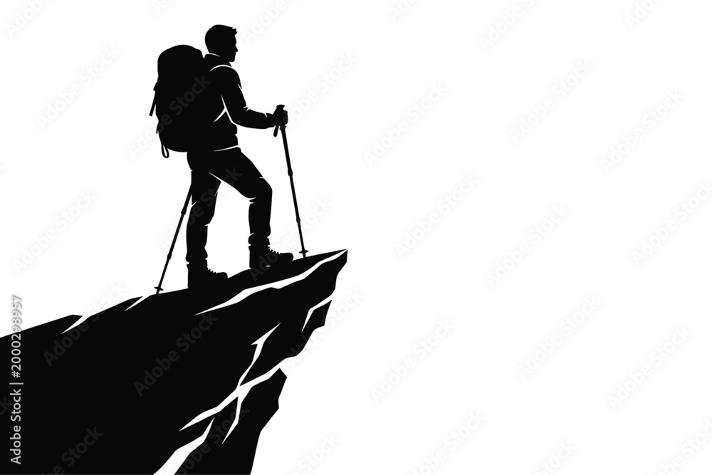 Fototapeta premium Hiker standing on mountain peak with trekking poles silhouette against sky editable vector silhouette