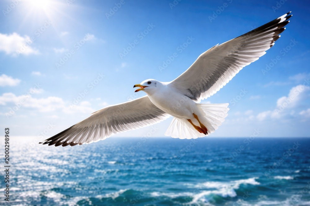Fototapeta premium Lively seagull playfully soaring above bright blue horizon