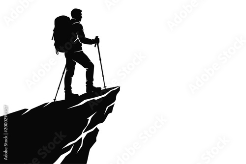 Hiker standing on mountain peak with trekking poles silhouette against sky editable vector silhouette