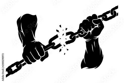 Two fists breaking apart a chain symbolizing freedom, strength, and liberation editable vector silhouette