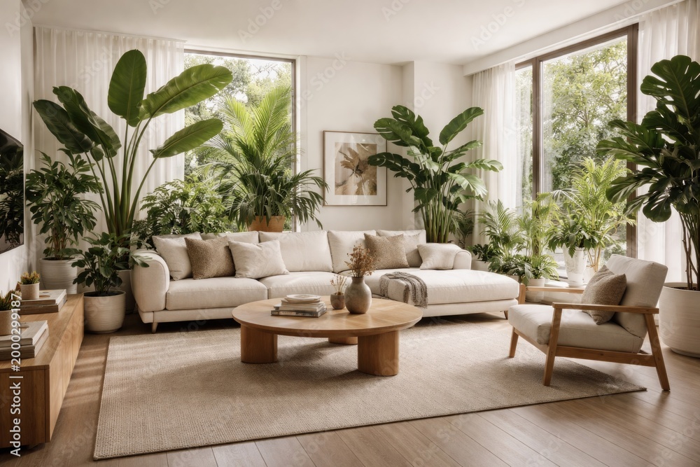 Fototapeta premium Chic indoor living space decorated with lush plants and minimalist furniture