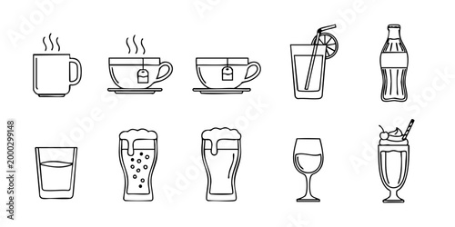 A collection of various beverages including coffee, tea, beer, and cocktails are served