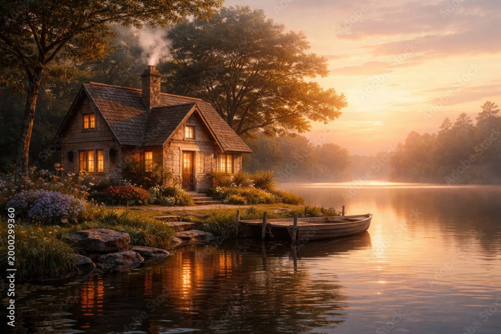 Fototapeta premium Dawn light glowing softly over a tranquil cottage near the water