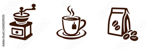 A set of three coffee icons — a manual grinder, a mug with tea tag, and a coffee bean bag — on transparent background. Brown outline flat vector illustration set.