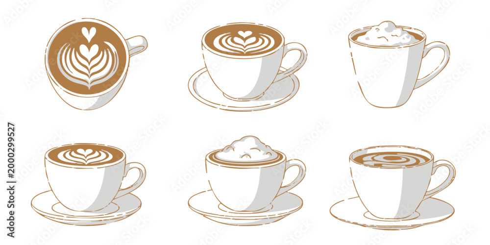 Fototapeta premium A set of six coffee cups with various designs on a white background