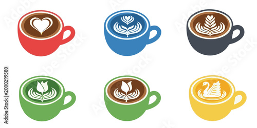 Vibrant coffee cups with latte art designs are arranged on a table indoors.