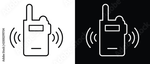 Outline icon of a walkie talkie in black and white versions on transparent and black backgrounds.