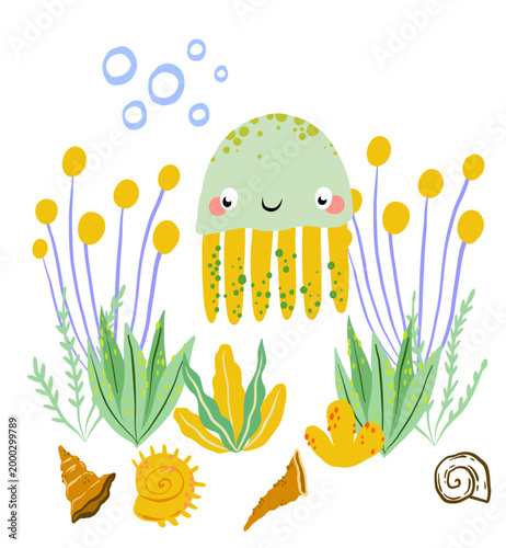 Adorable jellyfish with seashells and ocean plants for beach party flyers children birthday cards and baby room interior stickers hand drawn underwater illustration