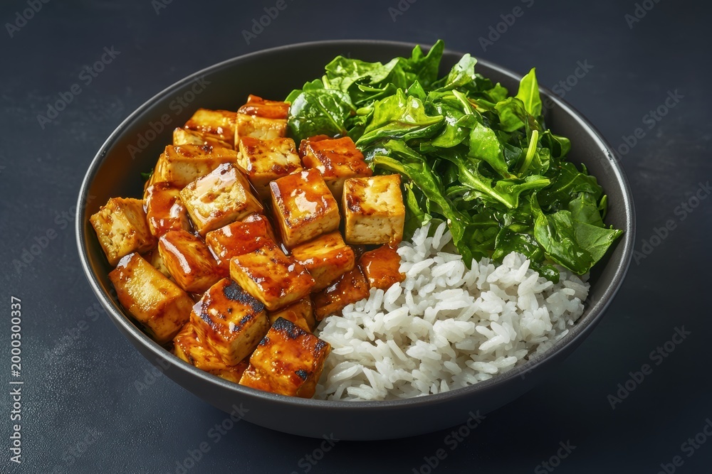 Fototapeta premium Tofu stir fry with rice and greens on a dark background for advertising layout