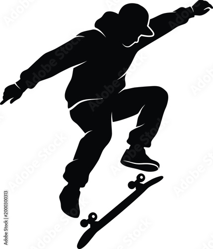Dynamic black silhouette of a skateboarder performing a trick in midair with arms outstretched editable vector silhouette