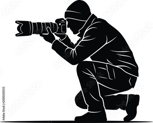Person kneeling and taking a photograph with a professional camera in a focused and dynamic pose editable vector silhouette