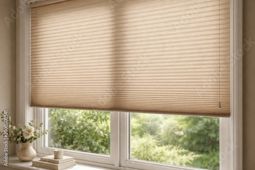 Detailed view of large beige pleated blinds installed in residential window opening