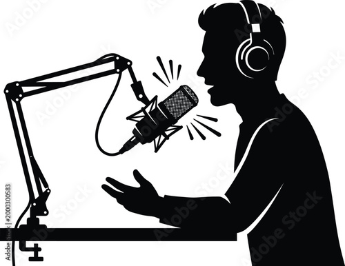 Person speaking into microphone with headphones and sound waves illustration for podcast or broadcasting editable vector silhouette