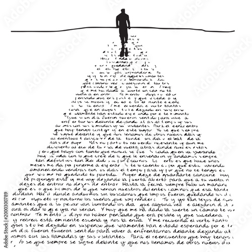 Man silhouette walking through text path