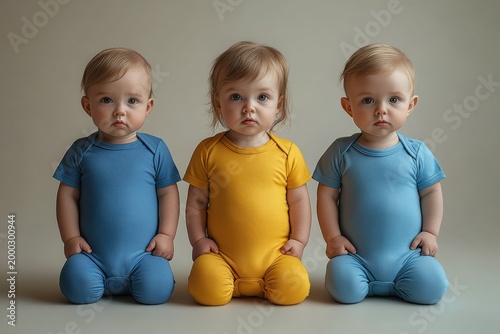 Kids clothing mockups showing three babies in colorful onesies sitting on a plain background
