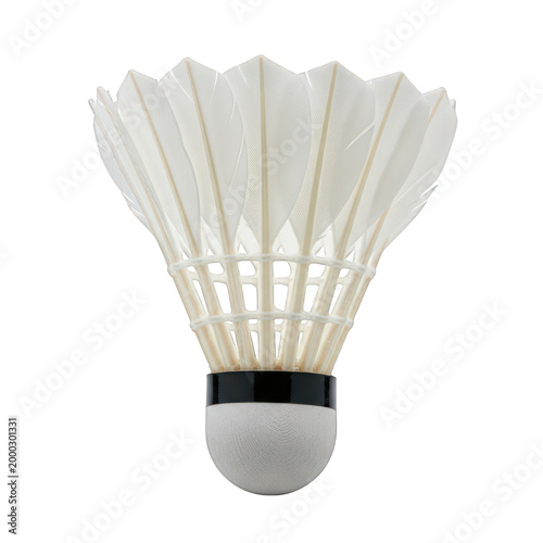 Badminton shuttlecock with white feathers and cork base, professional sports equipment on white background, athletic birdy for racket games