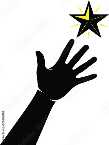 Hand reaching up towards a bright star with glowing rays in a simple black and white illustration editable vector silhouette