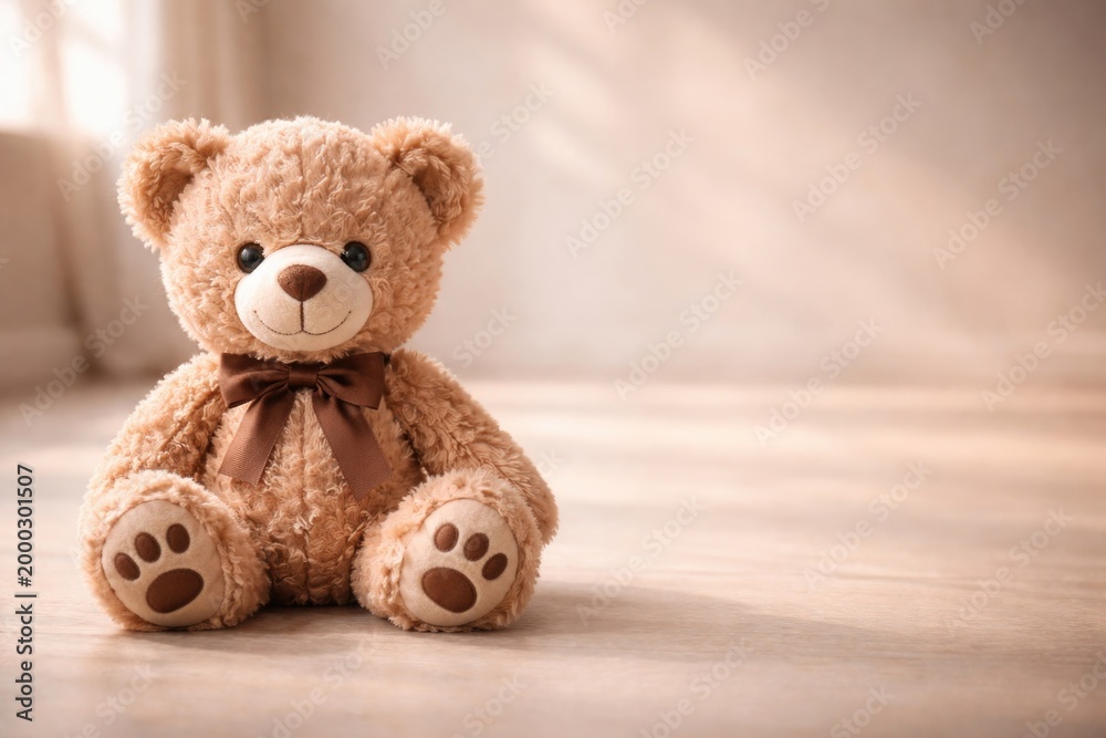 Obraz premium Charming teddy bear sitting on minimalistic floor offering copy space