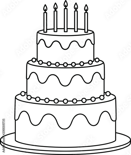 Canvastavla Three Tier Birthday Cake with Candles Line Art Celebration Dessert Party Vector