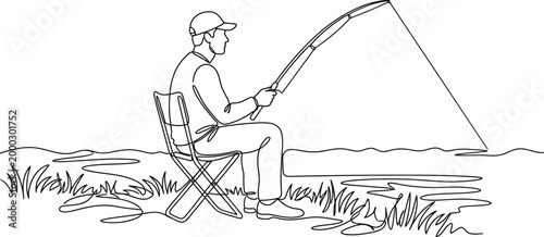 Continuous line drawing of a man fishing while sitting on a folding chair by the water.