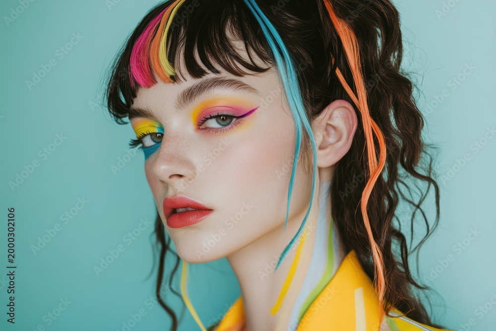 Naklejka premium Trendy hairstyles and colorful makeup with a minimalist style in bright lighting