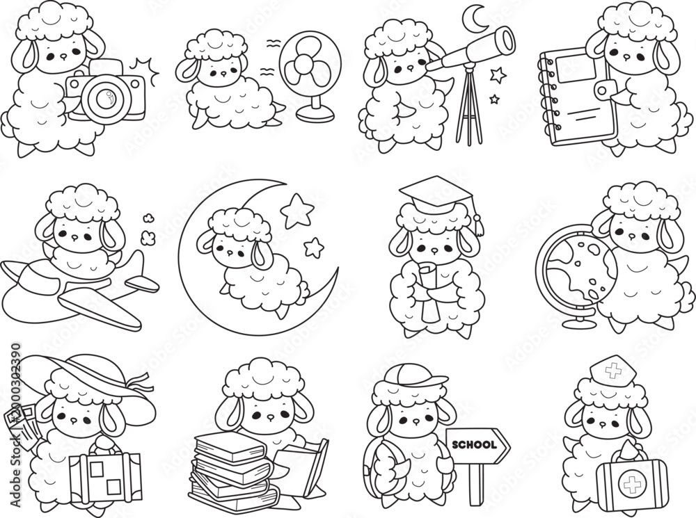 Fototapeta premium Coloring pages of cute sheep random illustration activity. 