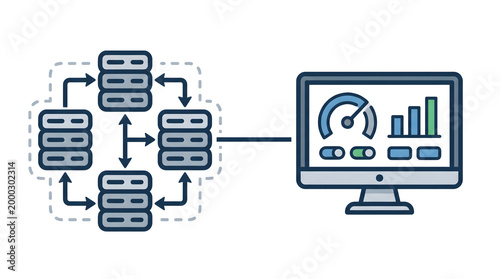IT Infrastructure: Server Network and Data Analytics Dashboard Illustration