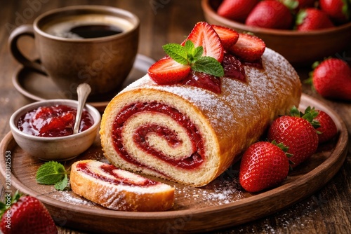Appetizing strawberry jam dessert roll with aromatic coffee on a wooden dish