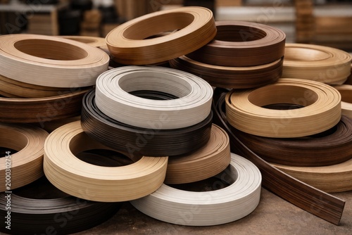 Assorted PVC edge banding rolls piled as furniture fabrication components