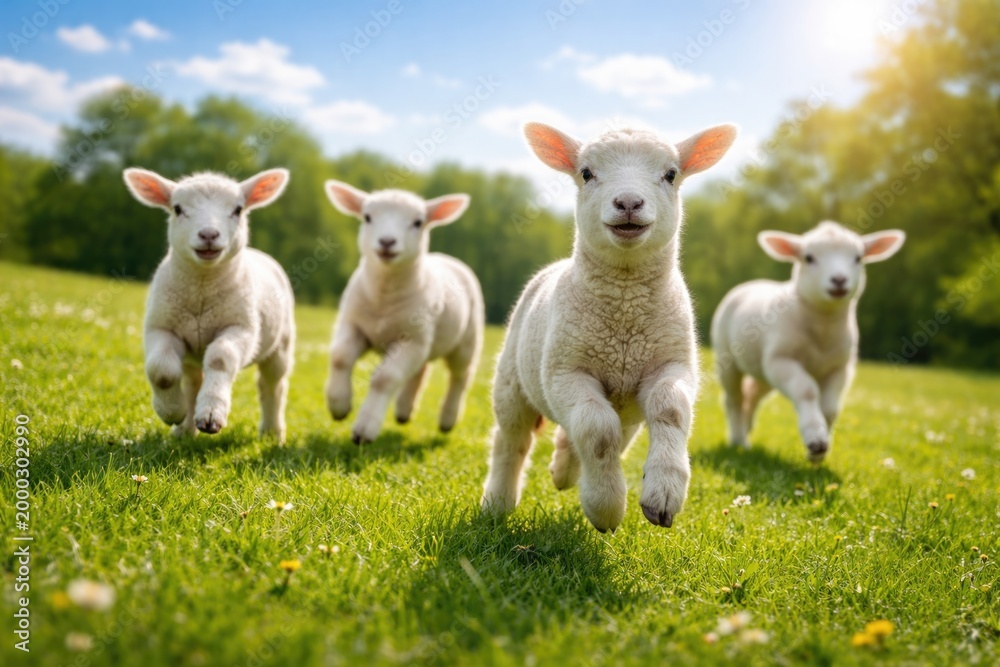 Obraz premium Joyful lambs bounding across a vibrant green lawn under bright summer sky