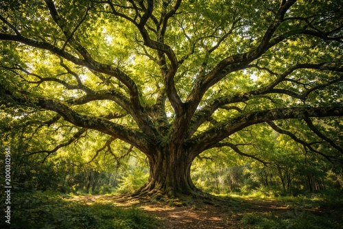Expansive mature oak tree canopy filled with green leaves and rough limbs