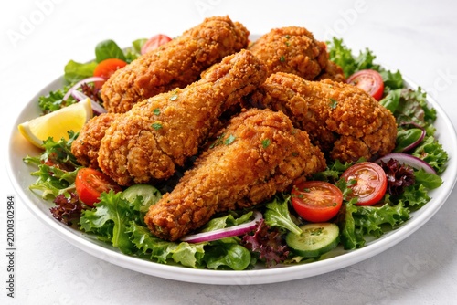Crispy fried chicken served over a bed of leafy greens and tomatoes on white background