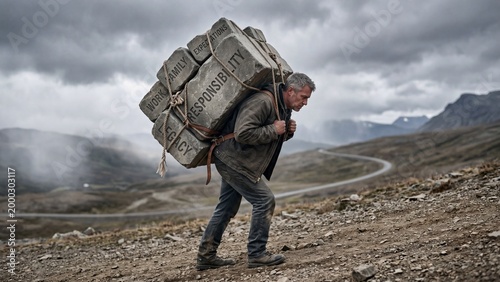 Man carrying stacked stone blocks labeled responsibility family work expectations on back in rugged mountains. Metaphor for personal burdens stress and life challenges in modern adulthood