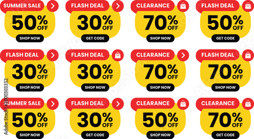 Collection of discount sale and clearance badges with percentages and shopping icons on colorful labels for marketing and advertising purposes