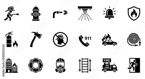 Firefighter icon set with 18 black silhouettes, emergency services symbols for fire safety and rescue, professional firefighting equipment graphics
