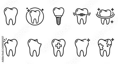Minimalist dental line icons set, 10 tooth health and stomatology symbols, black outline dentistry vector icons for medical apps and clinic websites