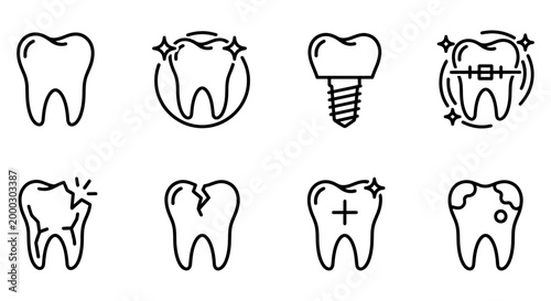 Dental care line icons set, 8 tooth health symbols for dentistry, black outline molar icons for oral hygiene and medical infographics