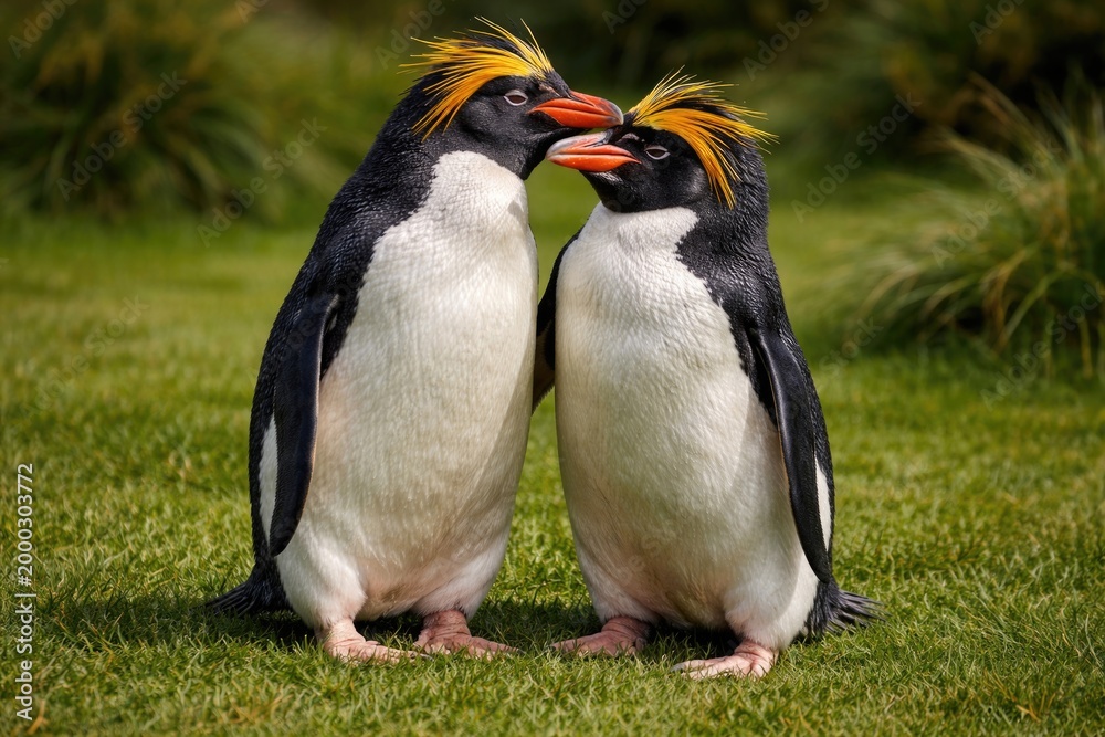 Naklejka premium Full length view of affectionate macaroni penguins on grassy lawn