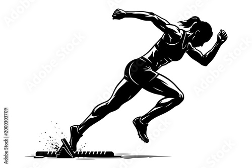 Athlete sprinting with dynamic pose on starting blocks in black and white illustration style editable vector silhouette