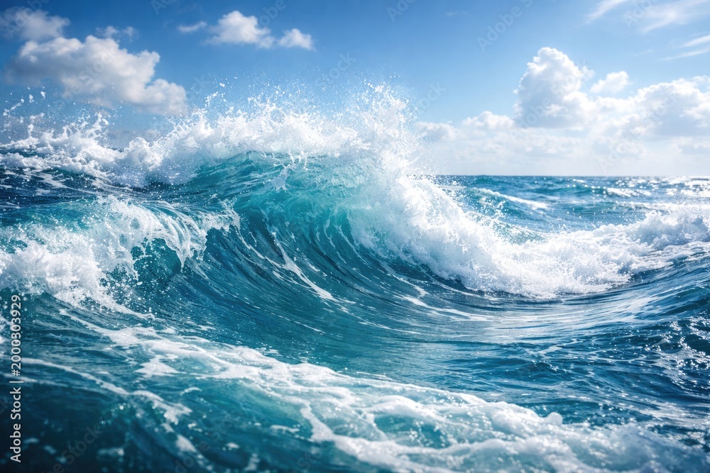 Obraz premium Abstract view of blue sea waves splashing beneath bright sky