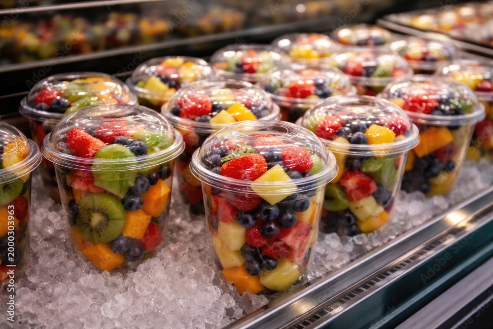 Naklejka premium Chilled fruit salad servings in transparent packaging presented in cold display for purchase