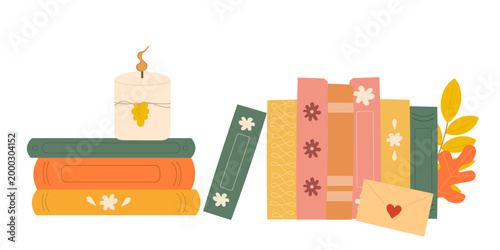 Wooden bookshelf with vintage books lit candle autumn leaves and mail on shelf