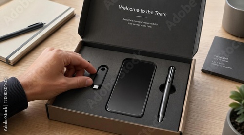 High end hardware security key and smartphone in a new employee onboarding kit on a wooden desk
