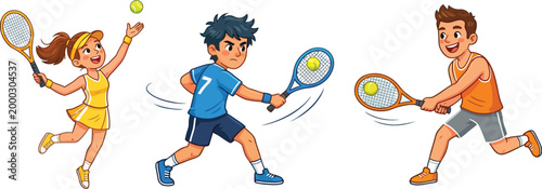 Cartoon illustration of energetic children playing tennis with rackets and a ball