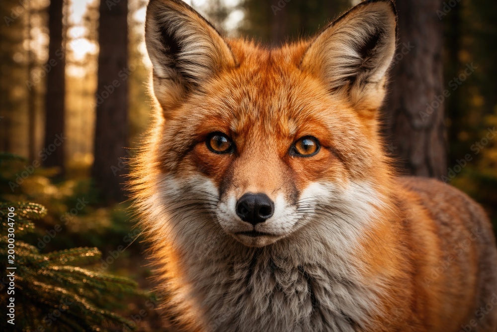 Obraz premium Detailed red fox face close up with pine woodland background