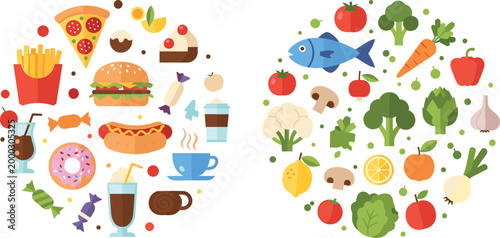 Healthy and unhealthy food concept vector illustration showing junk fast food items versus fresh organic fruits vegetables in colorful flat design style