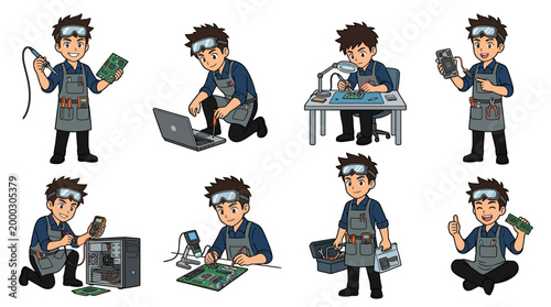 Professional male cartoon electronics technician with safety goggles and apron performs various computer and mobile device repair tasks, showcasing his expertise.