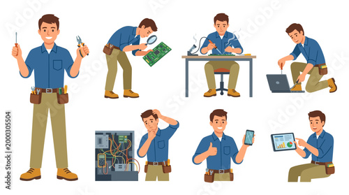 Skilled technician performs various electronic repairs, diagnostics, and device maintenance tasks with tools and gadgets.