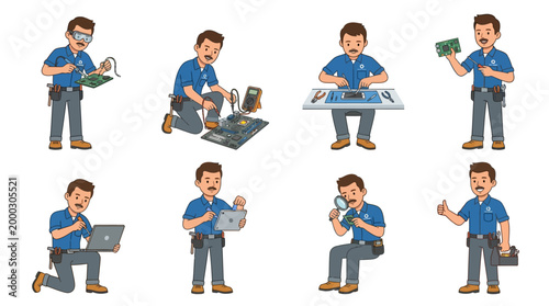A skilled cartoon computer and electronics repair technician, wearing a uniform and tool belt, performs various maintenance, service, and diagnostic tasks.