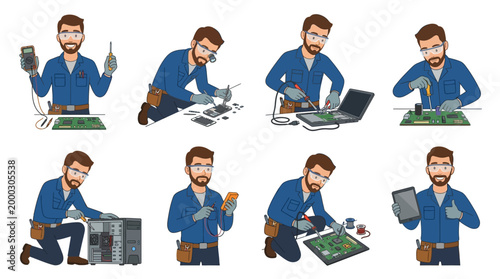 An illustration of a professional male electronics technician performing various repair and diagnostic tasks, using specialized tools for different devices.